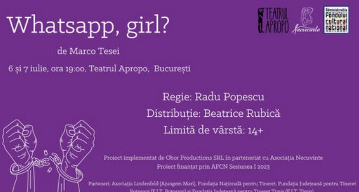 ,Whatsapp, girl?' are premieră la Teatrul Apropo pe 6 și 7 iulie.